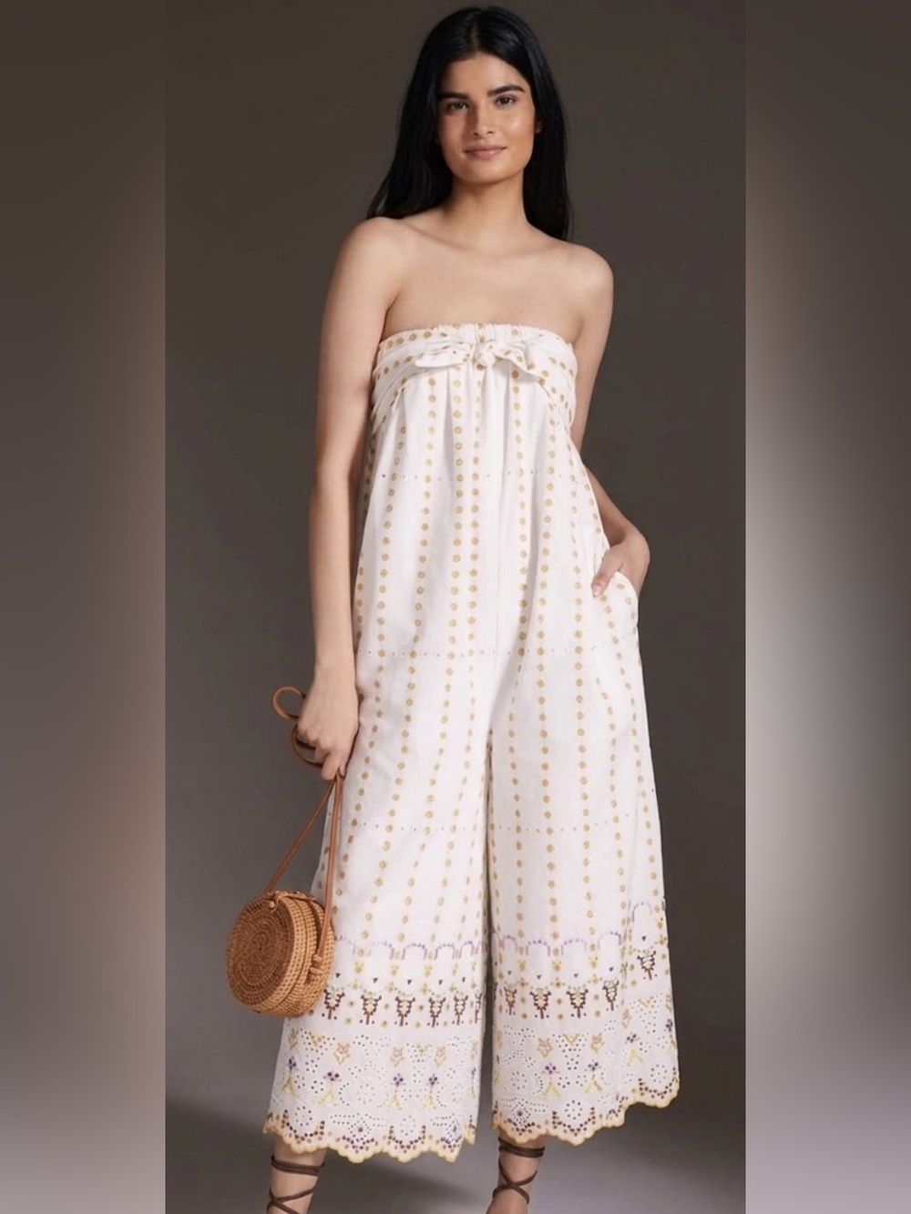 Anthropologie Strapless Eyelet Jumpsuit Size 4 Cream Embroidered Wide Leg